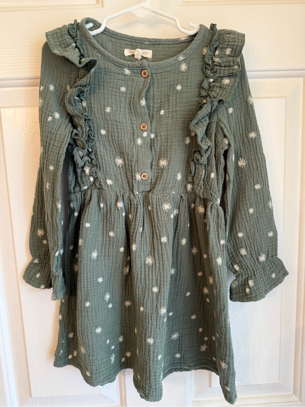 Girls' Sage Green Ruffle Front Button Long-Sleeve Dress with Star Dots